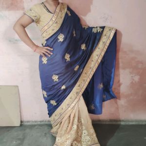 2 Color Saree. Navy Blue and Cream Saree