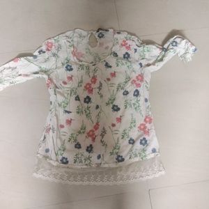 Ajio Fig White Cotton Top With Net Frill