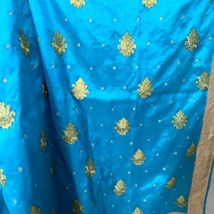 Cyan Blue  Zari Embroidery Saree  With Stone Work