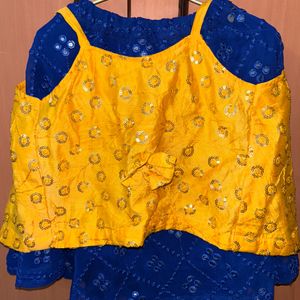 Blue Skirt And Yellow Top Stitched Set