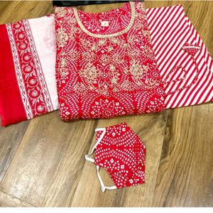 Anarkali Kurta Pant Dupatta Set Bandhej Mirror Wor