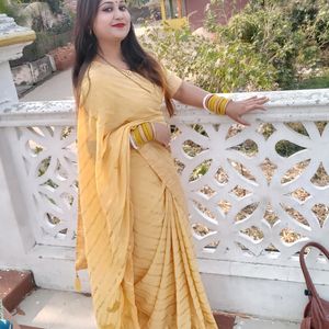 Yellow Saree With Blouse Very Nice Look Like Puja