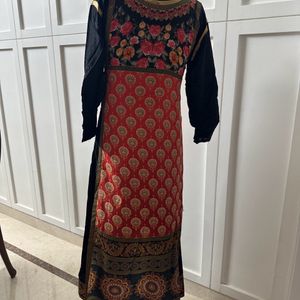 Black & Multicolour Print Anarkali With Dupatta