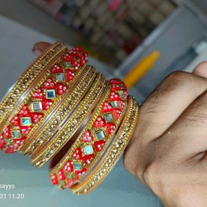 Stunning Red & Golden Bangle Set Of 6pcs