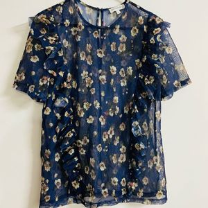 Women Blue Floral Mesh Top