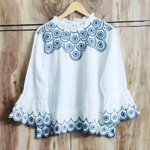 White Black Embroidery Work Top - Size-44