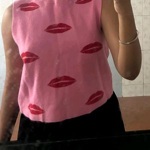 Women Lips Print Pink Top