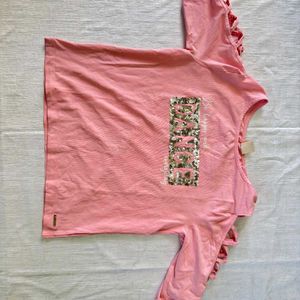 Pink Crossed Sleeve Sequenced Top