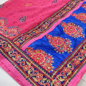 Beautiful Work Pink Saree Broad Blue Border 💙