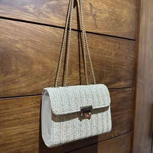 Beige Wicker Bag With Chain Handle