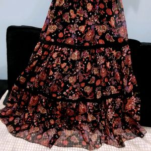 Quality Black&Rust Orange Floral Print Tiered Midi