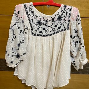 Cream Dobby Black Embroidered Grorgette Top