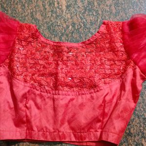 Red Netted Work Blouse With Net Puff Sleeves.