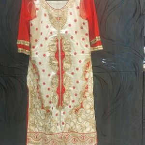 Heavy Embroidered Cream And Red Kurti For Girls
