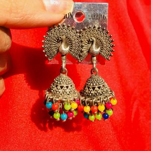 Oxides Peacock Jhumka With Colourful Beads