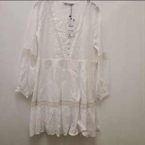 Zara White Embroidered Dress Size m