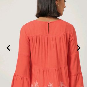 Women Embroidered Tiered Orange Top