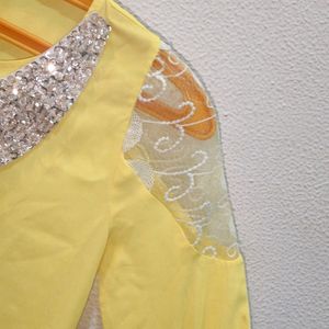 Butter Yellow Tunic Top With Netted Sleeves