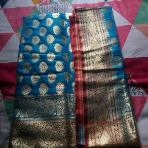 Blue & Red Katan Benarasi Heavy Saree