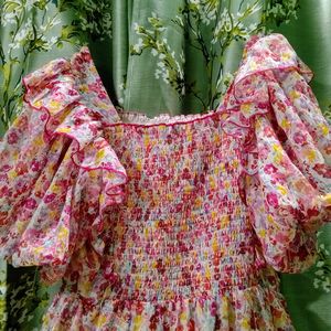 Cute Pink dotted yellow and red Floral Dress