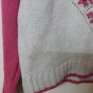 Pink And White Embellished Girls Highneck Sweater