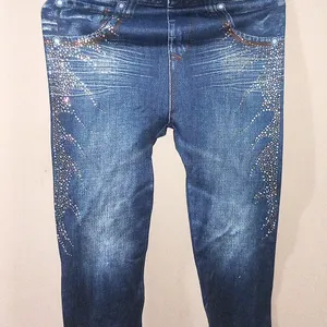 New Denim Printed Leggings With Rhinestones