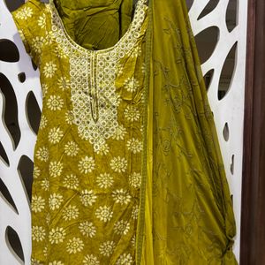 Olive Round Neck Embroidered Shalwar Suit