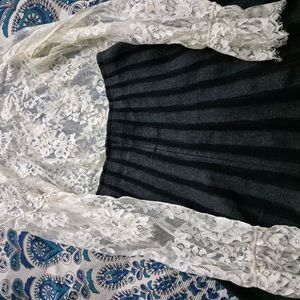 White Net Top With Black And Grey Skirt