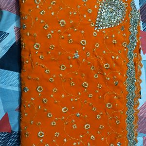 Embroid Party Wear Orange Saree