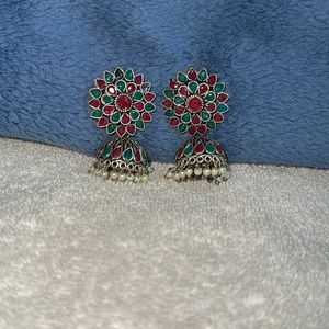 Oxidised Silver Earrings With Pink And Green Stone