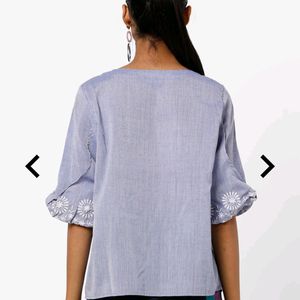 Chambray Blue Denim-like Embroidered Boho Top