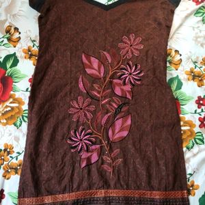 Stitched Embroied Brown Cotton Kurtha | Size 38