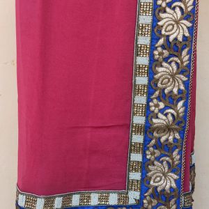 Pink Saree With Beautiful Blue Border!