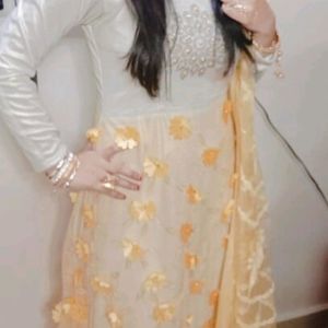 Cream And Lemon Colour Gown With Dupatta Bottom