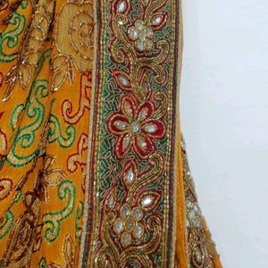 Mustard Banarasi Fabric Embroidery Work Saree