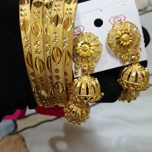 Gold Plated Bangles 4pc And Earrings With 2layers