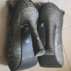 Grey Party Wear High Heels With Stones