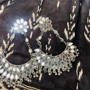 Silver Mirror Work Earrings From Myntra