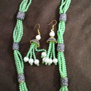 Long Pearl Necklace Set With Earrings