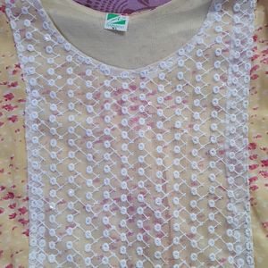 Yellow Kurti With Pink Details And White Chamkas