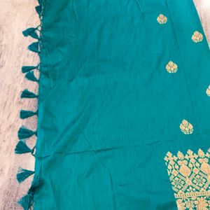 Peacock Colour Banarsi Saree With Gold Jari