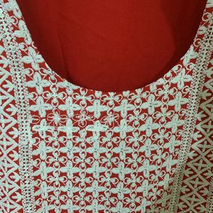 Short Red Kurti With White Thread Work And Sequins