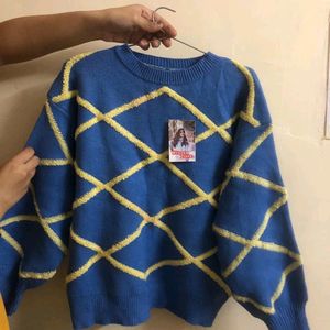 Blue Pullover Sweater With Yellow Strips Lines