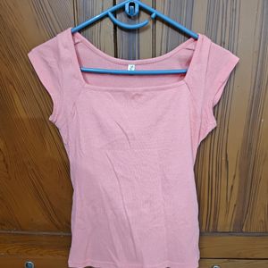 Coral Pink Fitted Top With Square Neck