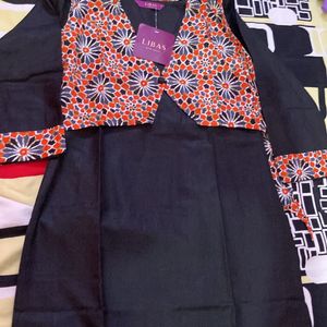 Libas Black Kurta With Jacket And Full Print Plazz