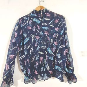 Navy Blue Leaf Print Top (Women's)