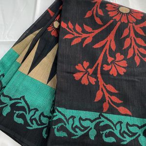 Black Saree With Green And Red Design