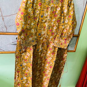 Mustard Floral Print Kurta With Dark Blue Pant