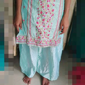 Sea Green Embroidered Kurta With Palazzo