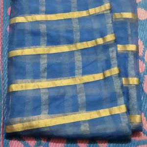 Blue Saree With Golden lines